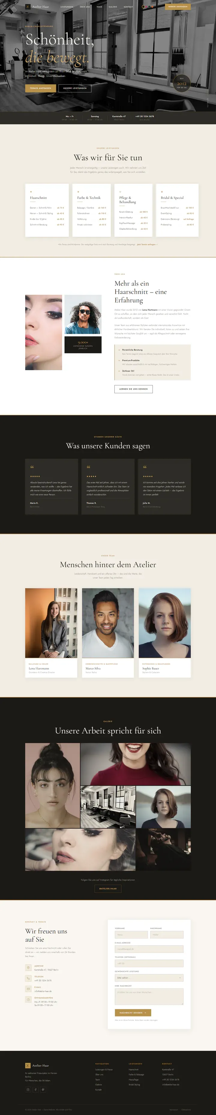Vollständige Desktop-Startseite des Designbeispiels Atelier Haar