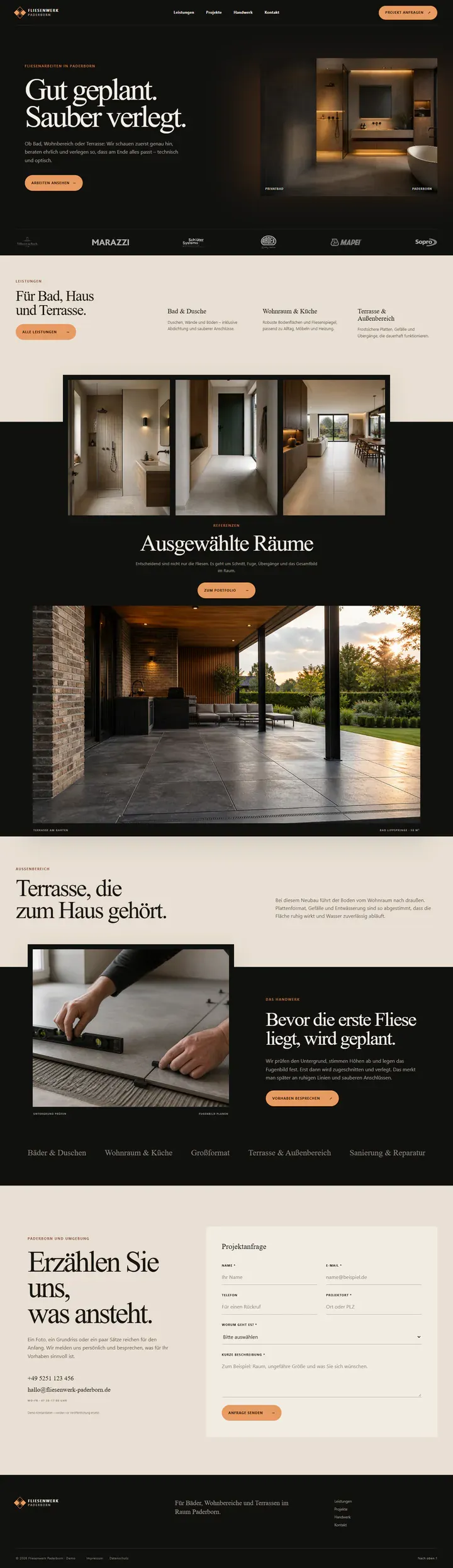 Vollständige Desktop-Startseite des Designbeispiels Fliesenwerk Paderborn