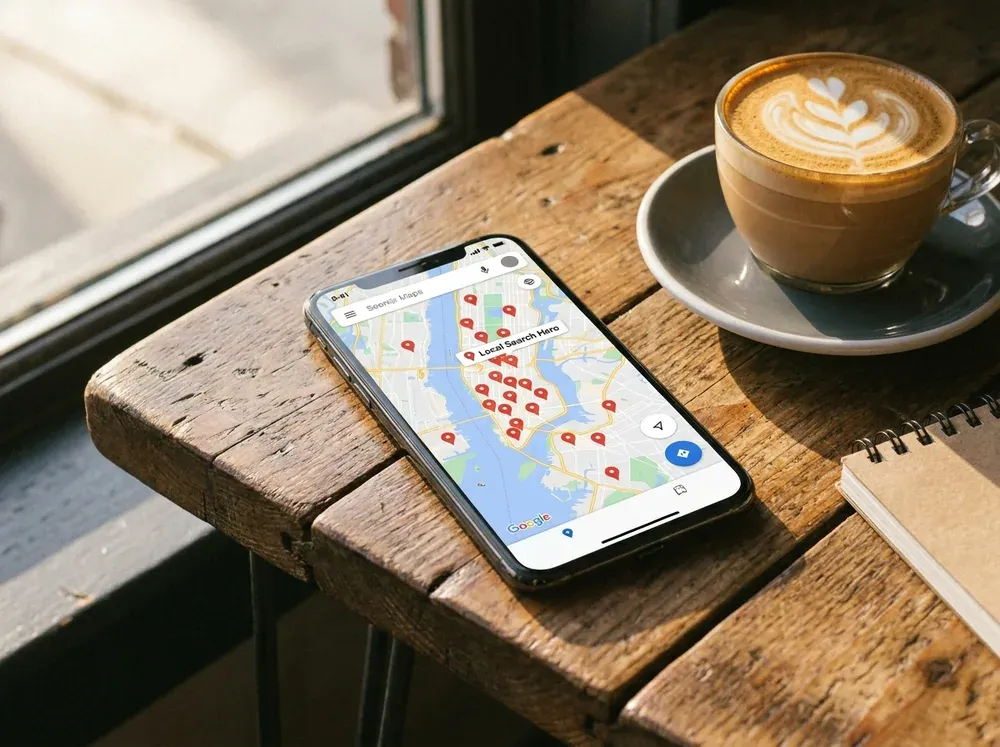 Illustration eines Google-Unternehmensprofils neben einer Webseite