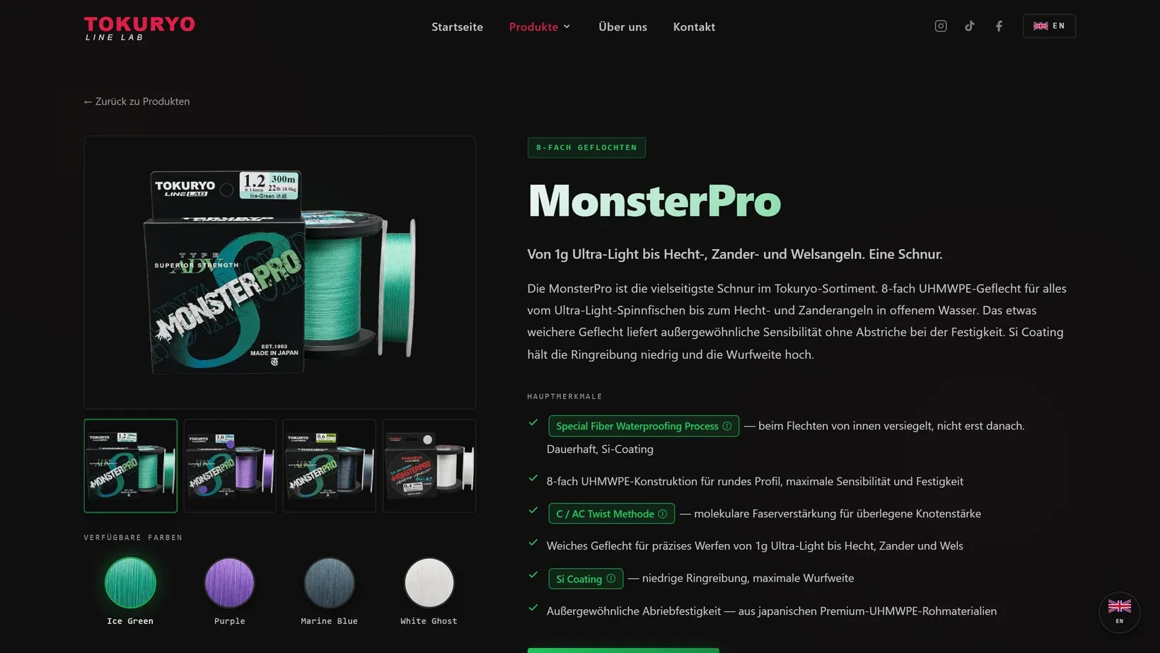 Produktseite der MonsterPro mit Produktfoto, Farbauswahl und Hauptmerkmalen